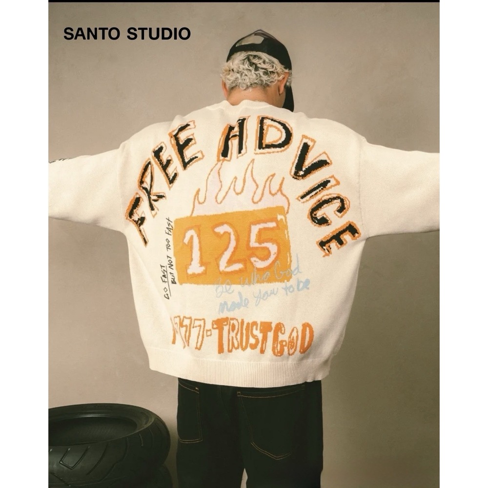 Santo Studio Graphic Knit Sweater Mens XXL Cream Graffiti Streetwear Y2K